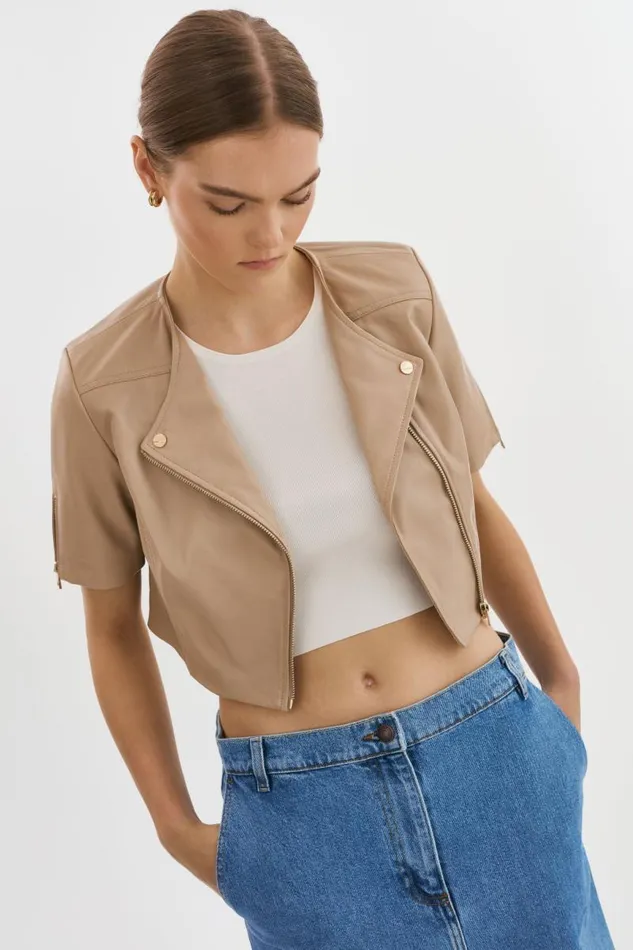 Women KIRSI GOLD Cropped Biker Jacket Wheat LAMARQUE Leather Jackets