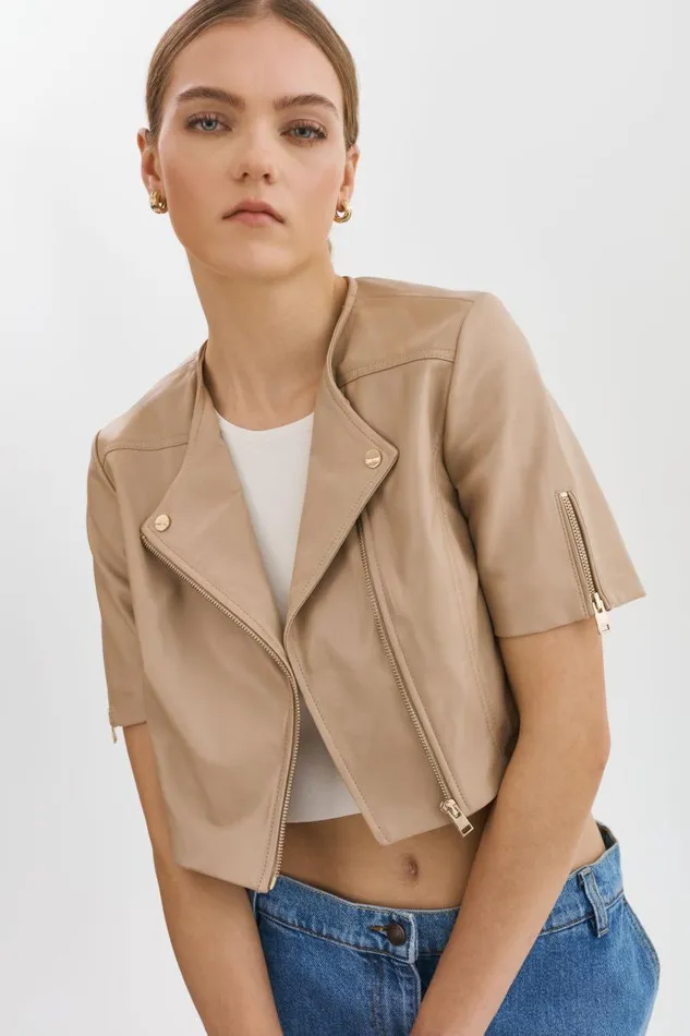 Women KIRSI GOLD Cropped Biker Jacket Wheat LAMARQUE Leather Jackets