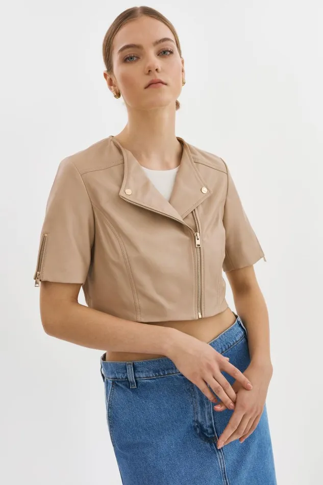 Women KIRSI GOLD Cropped Biker Jacket Wheat LAMARQUE Leather Jackets