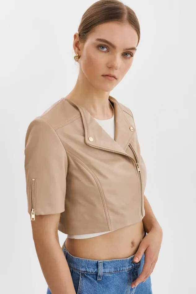 Women KIRSI GOLD Cropped Biker Jacket Wheat LAMARQUE Leather Jackets