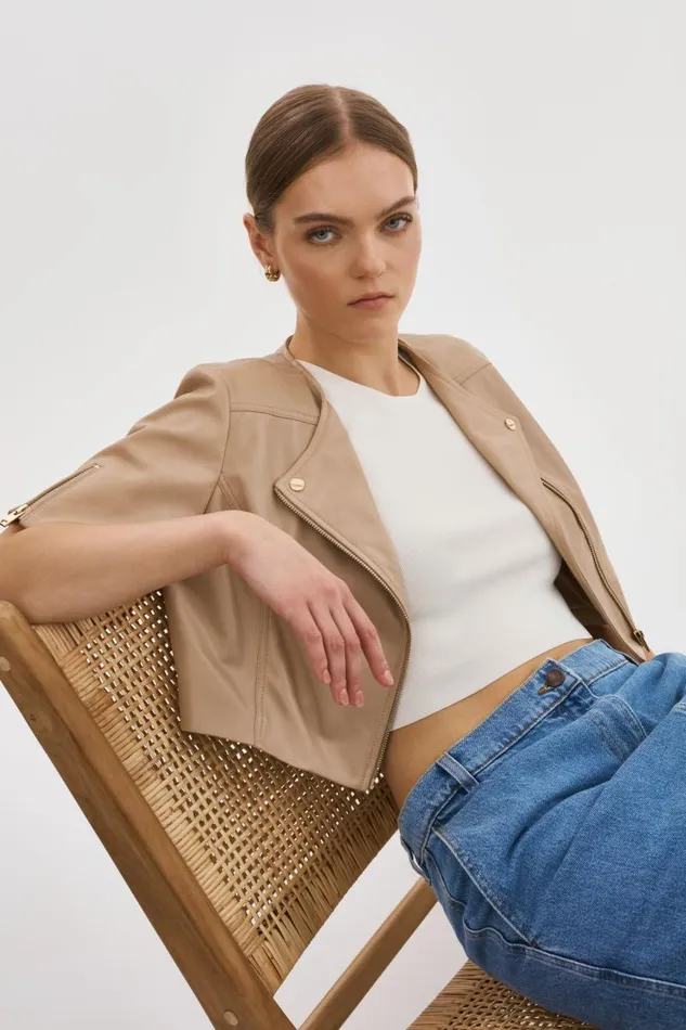 Women KIRSI GOLD Cropped Biker Jacket Wheat LAMARQUE Leather Jackets