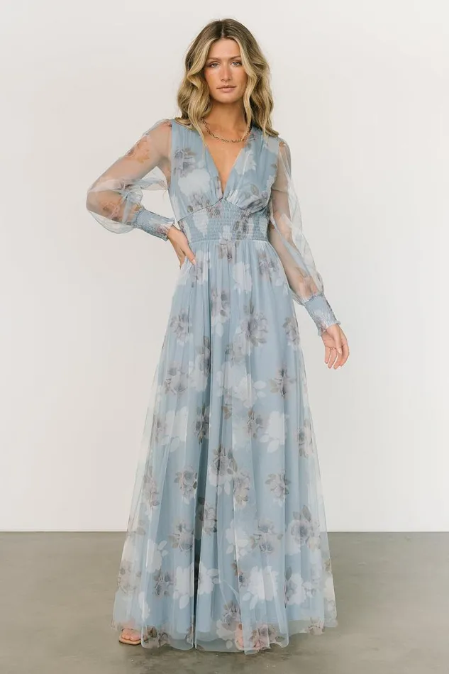 Women Layla Tulle Maxi Dress Light Blue Floral Baltic Born Bump Friendly