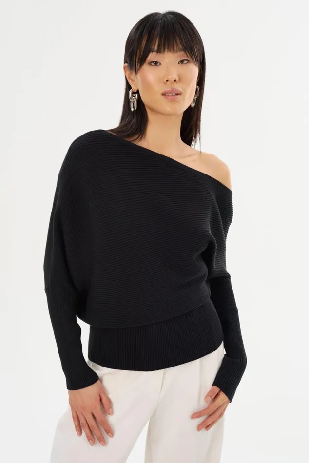 Women LORRAINE Knit Off Shoulder Top Black LAMARQUE Tops