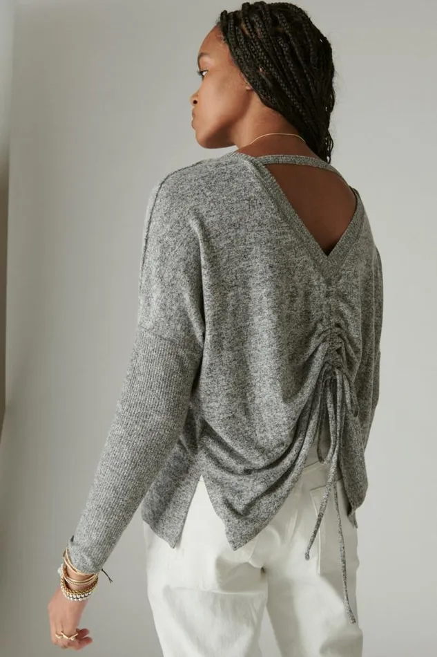 Women Lucky Brand Activewear Cloud Jersey Deep V Ruched Top Medium Heather Gray