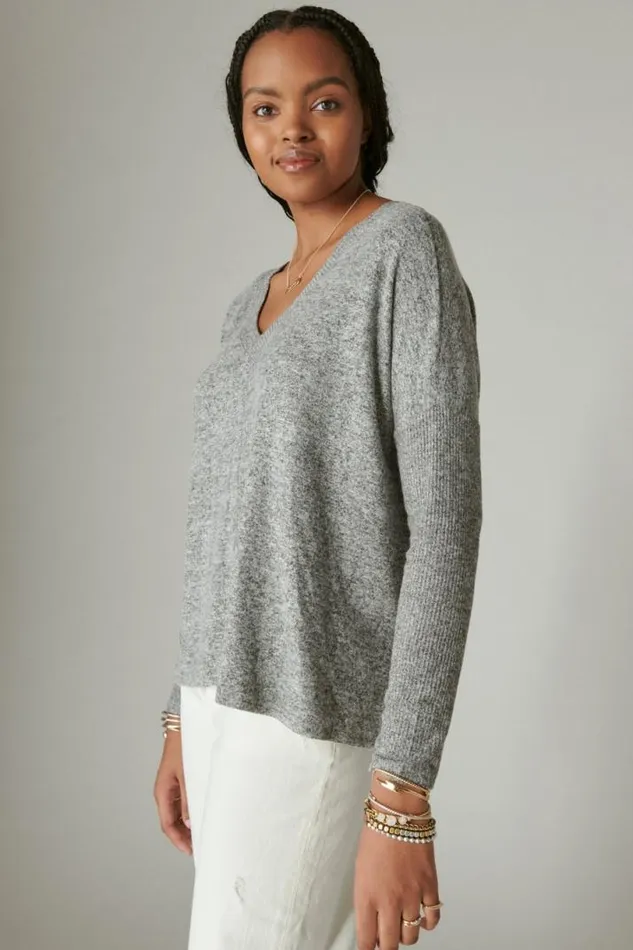 Women Lucky Brand Activewear Cloud Jersey Deep V Ruched Top Medium Heather Gray
