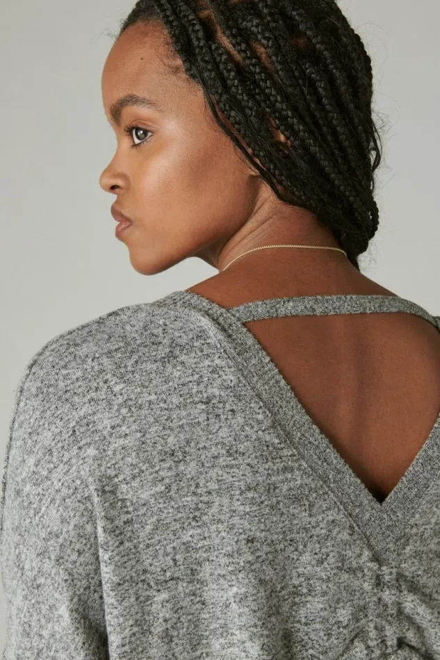 Women Lucky Brand Activewear Cloud Jersey Deep V Ruched Top Medium Heather Gray