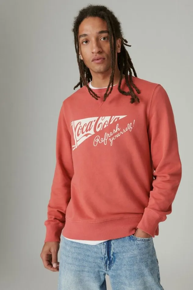 Women Lucky Brand Activewear Cocacola Cotton Fleece Crew Neck Sweatshirt Mineral Red