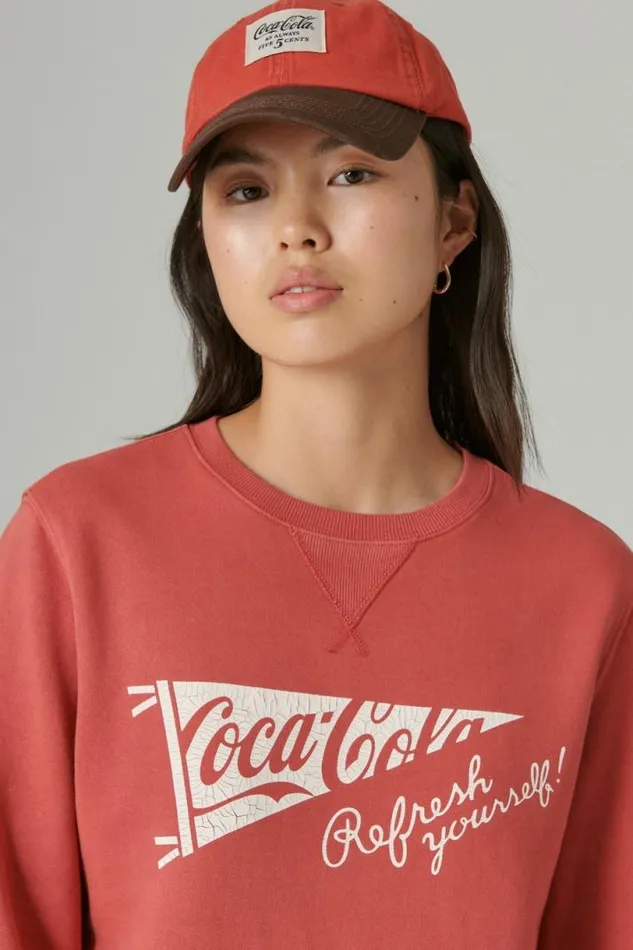 Women Lucky Brand Activewear Cocacola Cotton Fleece Crew Neck Sweatshirt Mineral Red