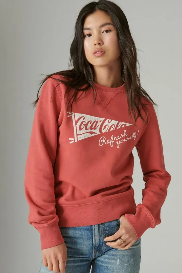 Women Lucky Brand Activewear Cocacola Cotton Fleece Crew Neck Sweatshirt Mineral Red