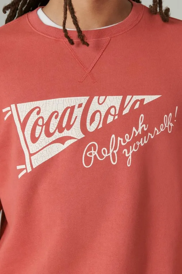 Women Lucky Brand Activewear Cocacola Cotton Fleece Crew Neck Sweatshirt Mineral Red
