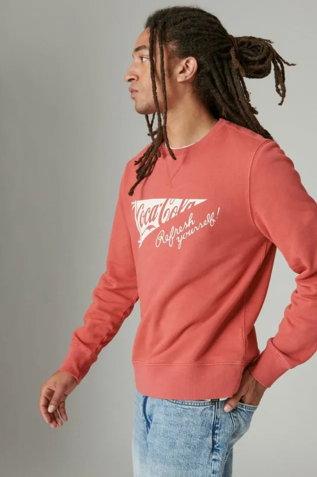Women Lucky Brand Activewear Cocacola Cotton Fleece Crew Neck Sweatshirt Mineral Red