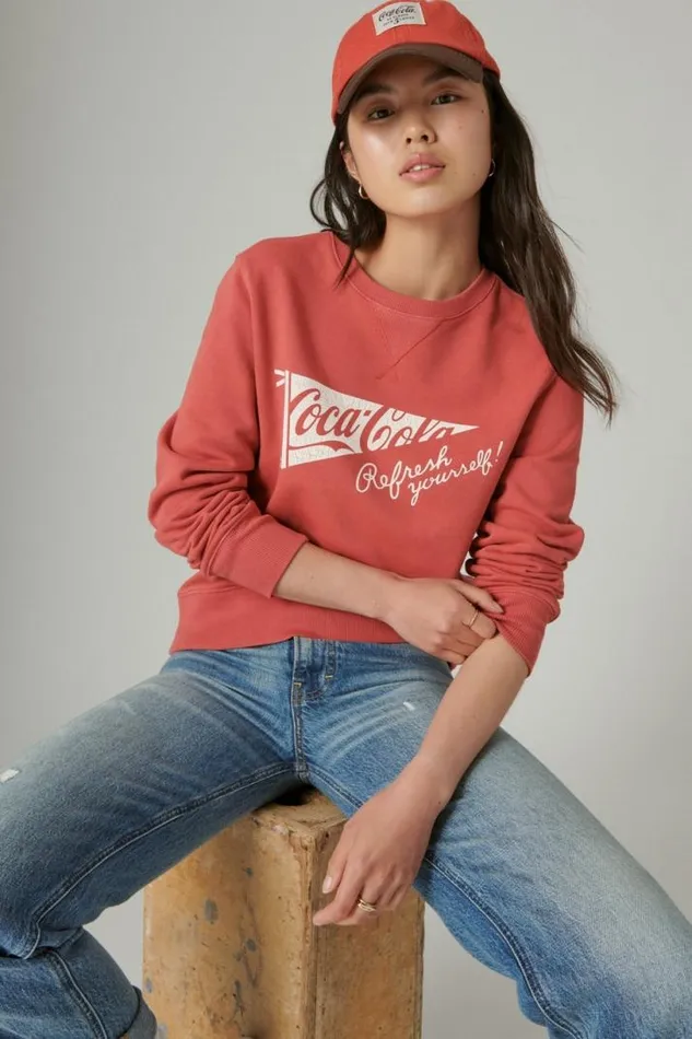 Women Lucky Brand Activewear Cocacola Cotton Fleece Crew Neck Sweatshirt Mineral Red