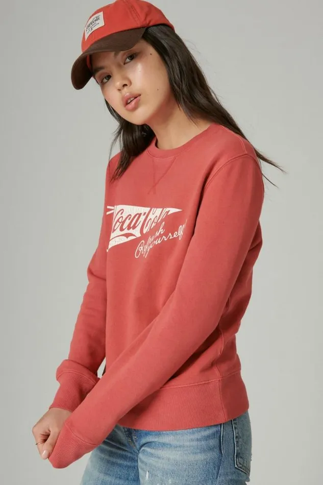 Women Lucky Brand Activewear Cocacola Cotton Fleece Crew Neck Sweatshirt Mineral Red