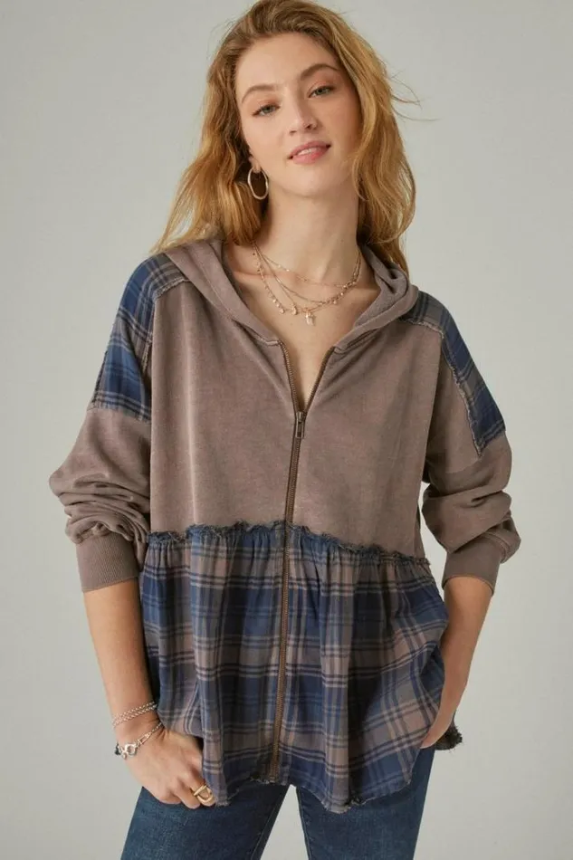 Women Lucky Brand Activewear French Terry Plaid Zip Up Hoodie Peppercorn