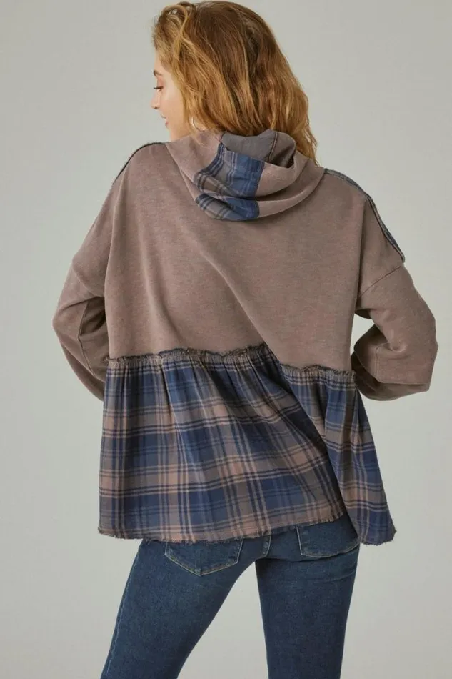 Women Lucky Brand Activewear French Terry Plaid Zip Up Hoodie Peppercorn