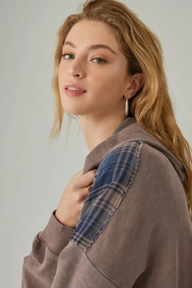 Women Lucky Brand Activewear French Terry Plaid Zip Up Hoodie Peppercorn