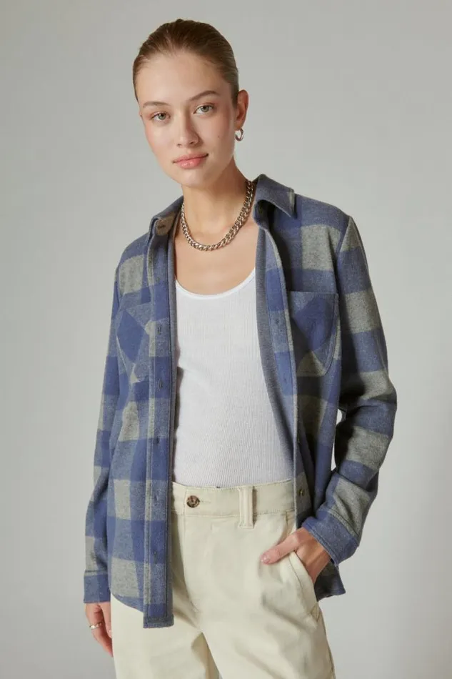 Women Lucky Brand All Tops Cozy Plaid Knit Shirt Jacket Navy Grey Plaid
