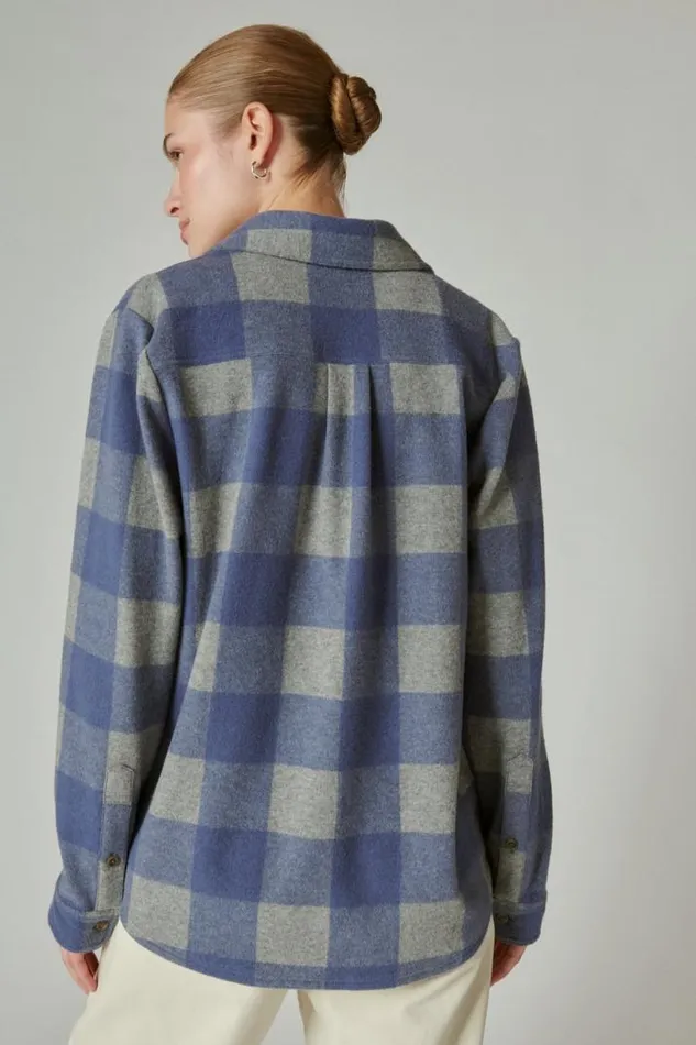 Women Lucky Brand All Tops Cozy Plaid Knit Shirt Jacket Navy Grey Plaid