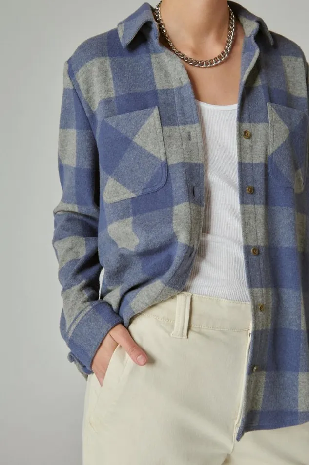 Women Lucky Brand All Tops Cozy Plaid Knit Shirt Jacket Navy Grey Plaid