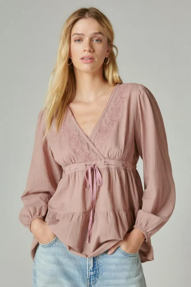 Women Lucky Brand All Tops Embroidered Babydoll Top Twilight Mauve