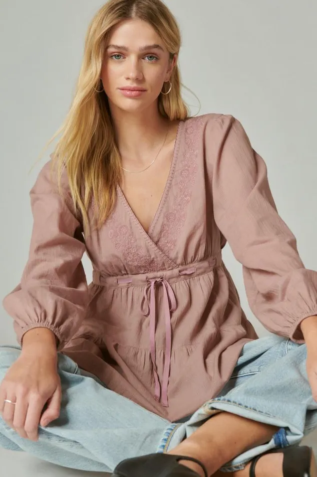 Women Lucky Brand All Tops Embroidered Babydoll Top Twilight Mauve