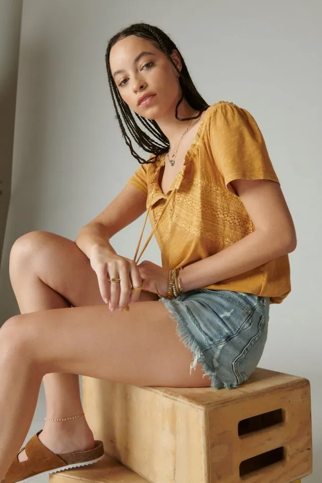 Women Lucky Brand All Tops Lace Peasant Bubble Top Inca Gold
