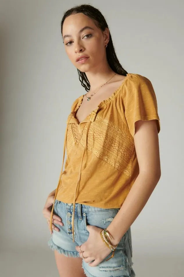 Women Lucky Brand All Tops Lace Peasant Bubble Top Inca Gold