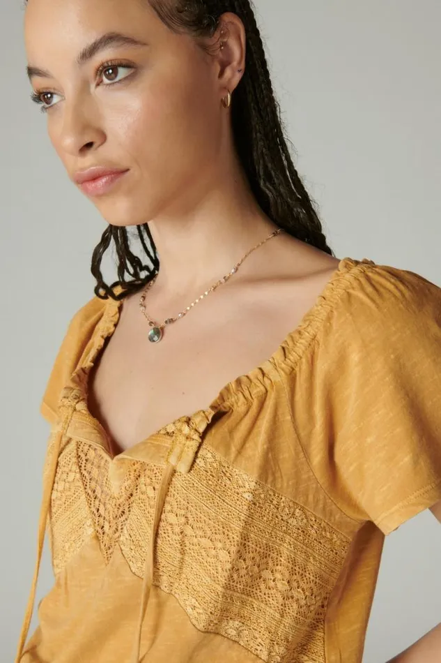 Women Lucky Brand All Tops Lace Peasant Bubble Top Inca Gold