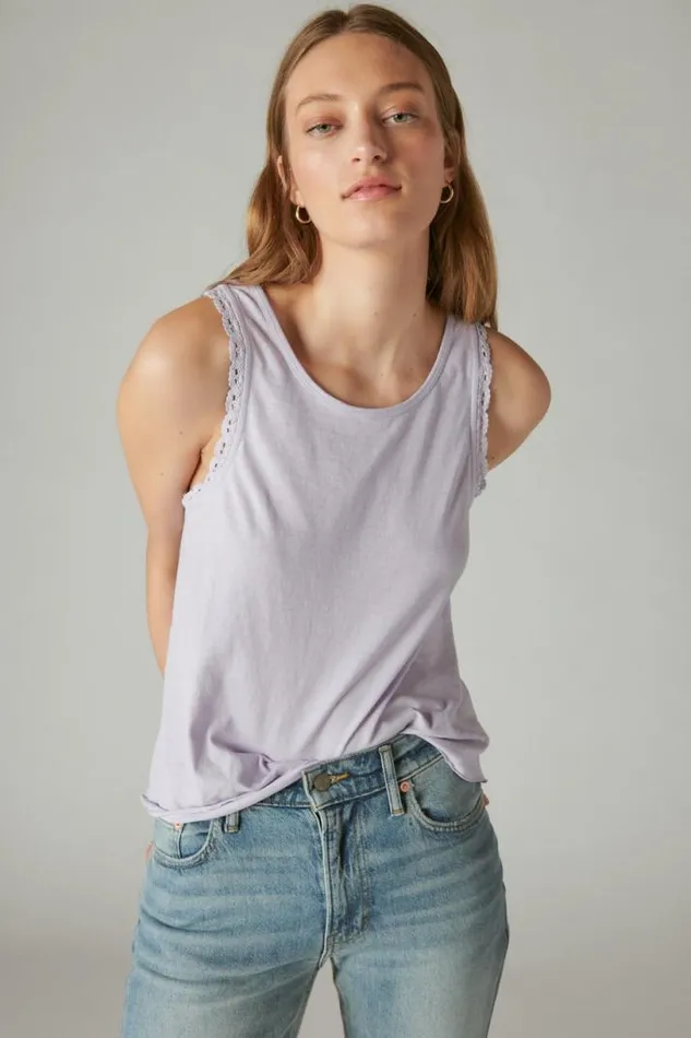 Women Lucky Brand All Tops Lace Trim Swing Tank Orchid Bloom