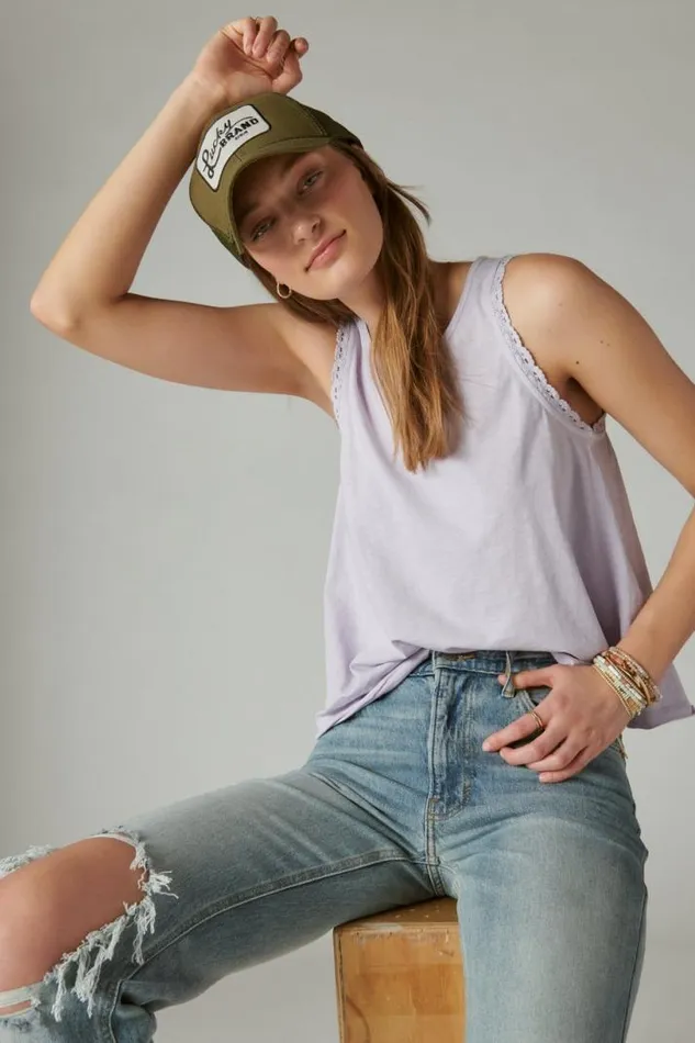 Women Lucky Brand All Tops Lace Trim Swing Tank Orchid Bloom