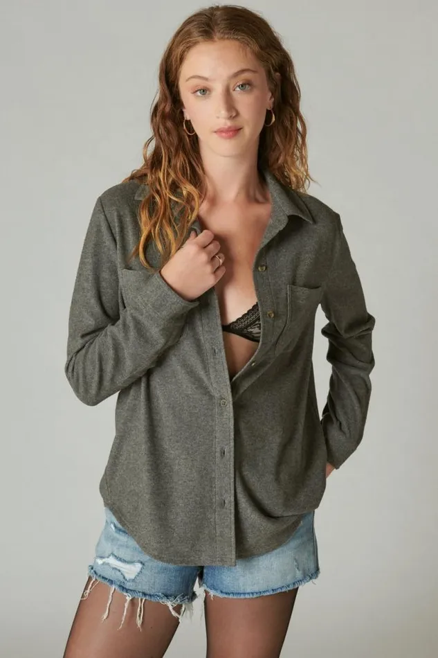 Women Lucky Brand Blouses Cozy Knit Shirt Jacket Charcoal Heather