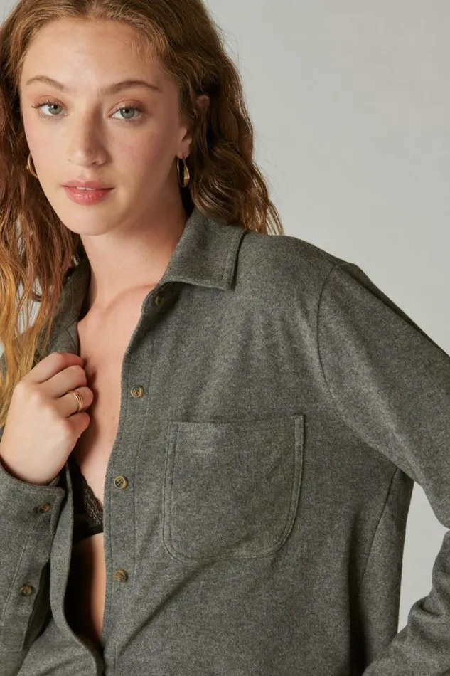 Women Lucky Brand Blouses Cozy Knit Shirt Jacket Charcoal Heather