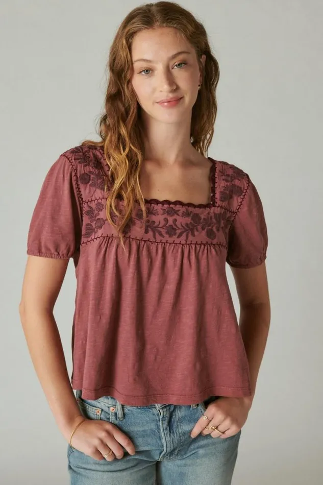 Women Lucky Brand Blouses Overdyed Embroidered Peasant Top Apple Butter