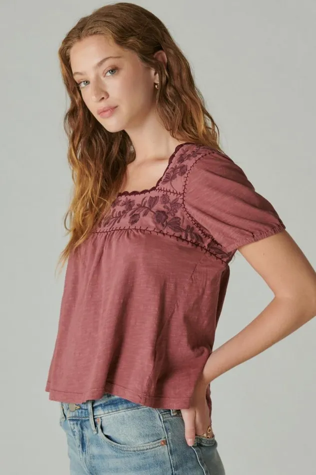 Women Lucky Brand Blouses Overdyed Embroidered Peasant Top Apple Butter
