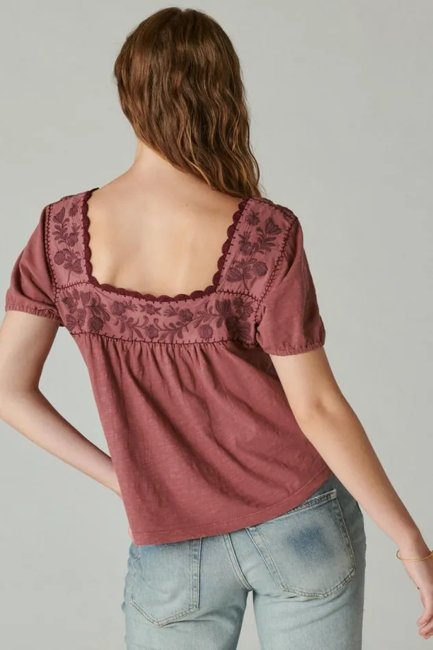 Women Lucky Brand Blouses Overdyed Embroidered Peasant Top Apple Butter
