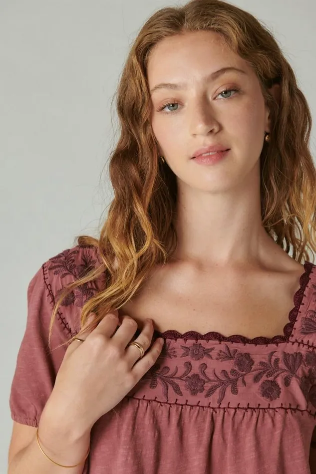 Women Lucky Brand Blouses Overdyed Embroidered Peasant Top Apple Butter