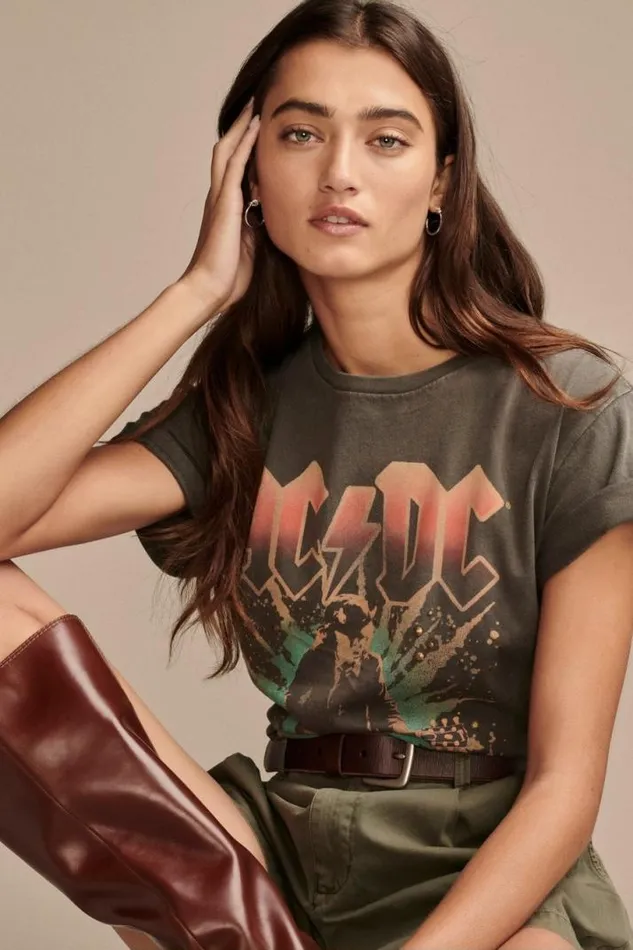 Women Lucky Brand Graphic Tees Acdc Embellished Boyfriend Tee Pavement