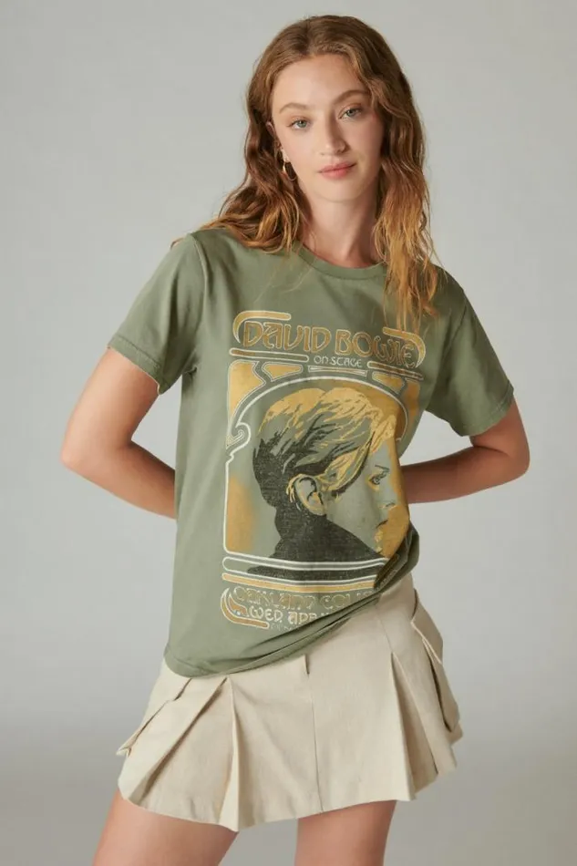 Women Lucky Brand Graphic Tees Bowie Neu Boyfriend Tee Oil Green