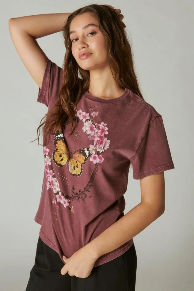 Women Lucky Brand Graphic Tees Butterfly Studs Boyfriend Tee Maroon Banner