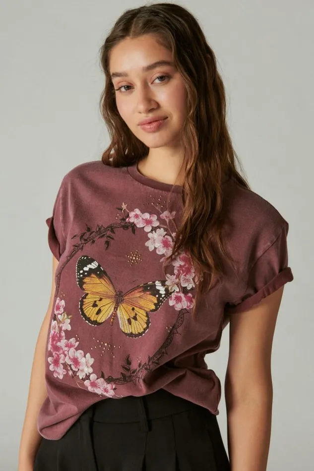 Women Lucky Brand Graphic Tees Butterfly Studs Boyfriend Tee Maroon Banner