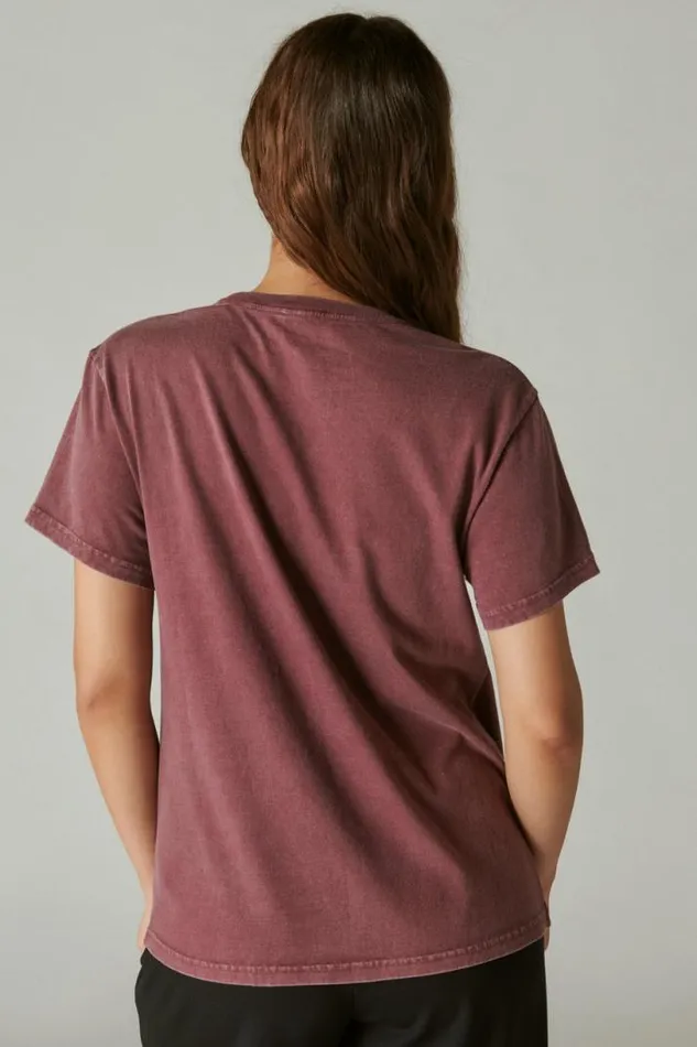 Women Lucky Brand Graphic Tees Butterfly Studs Boyfriend Tee Maroon Banner