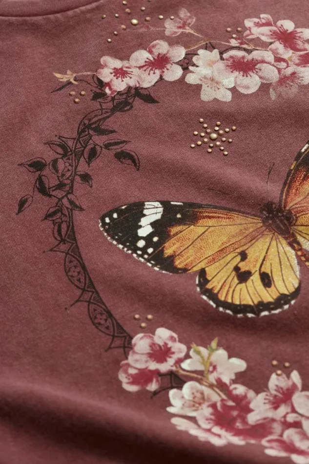 Women Lucky Brand Graphic Tees Butterfly Studs Boyfriend Tee Maroon Banner