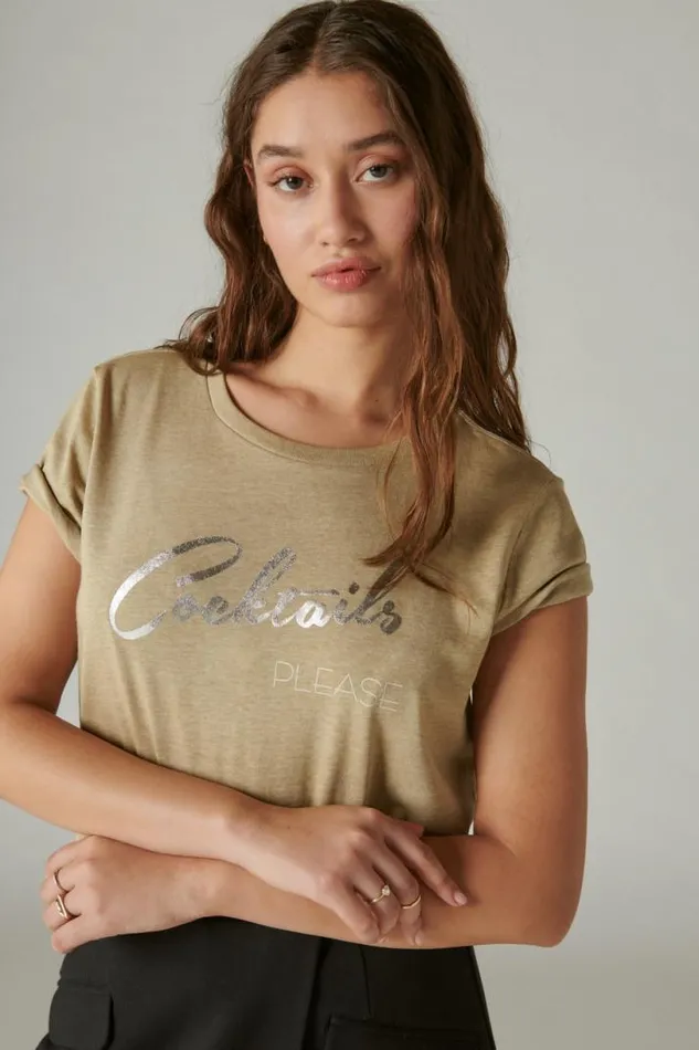 Women Lucky Brand Graphic Tees Cocktail Please Classic Crew Kelp