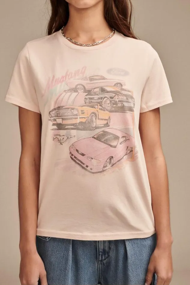 Women Lucky Brand Graphic Tees Ford Mustang Classic Crew Sepia Rose