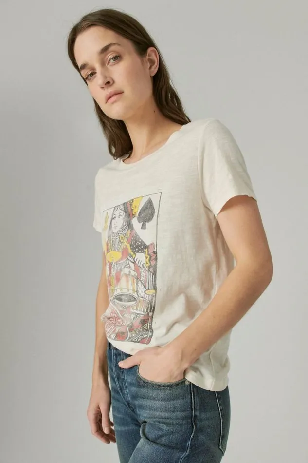 Women Lucky Brand Graphic Tees Queen Of Spades Classic Crew Soft Pink