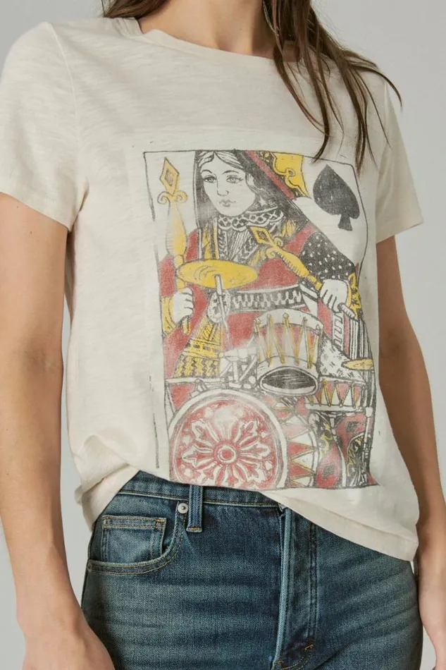 Women Lucky Brand Graphic Tees Queen Of Spades Classic Crew Soft Pink