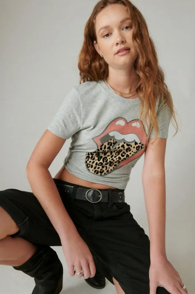 Women Lucky Brand Graphic Tees Rolling Stones Animal Lips Light Heather Gray