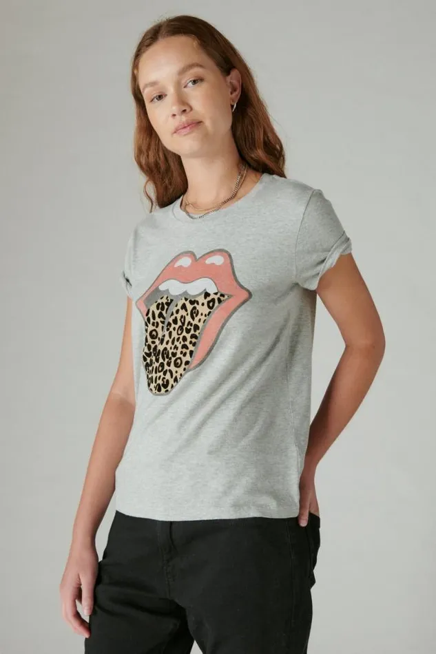 Women Lucky Brand Graphic Tees Rolling Stones Animal Lips Light Heather Gray