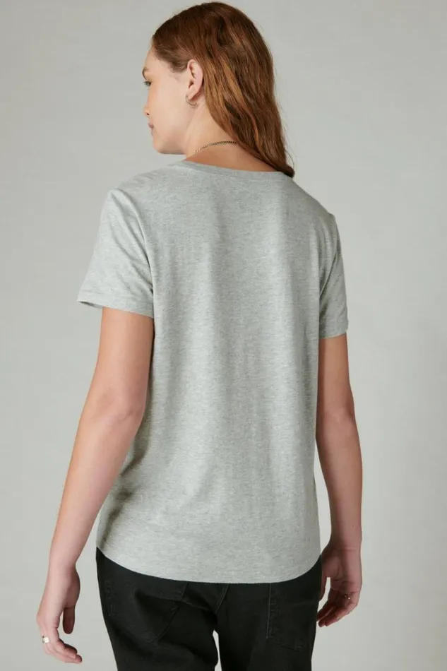 Women Lucky Brand Graphic Tees Rolling Stones Animal Lips Light Heather Gray