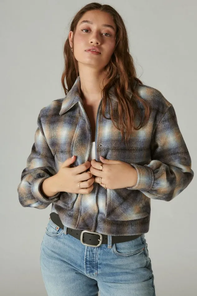 Women Lucky Brand Jackets and Outerwear Cropped Plaid Jacket Blue Multi Plaid